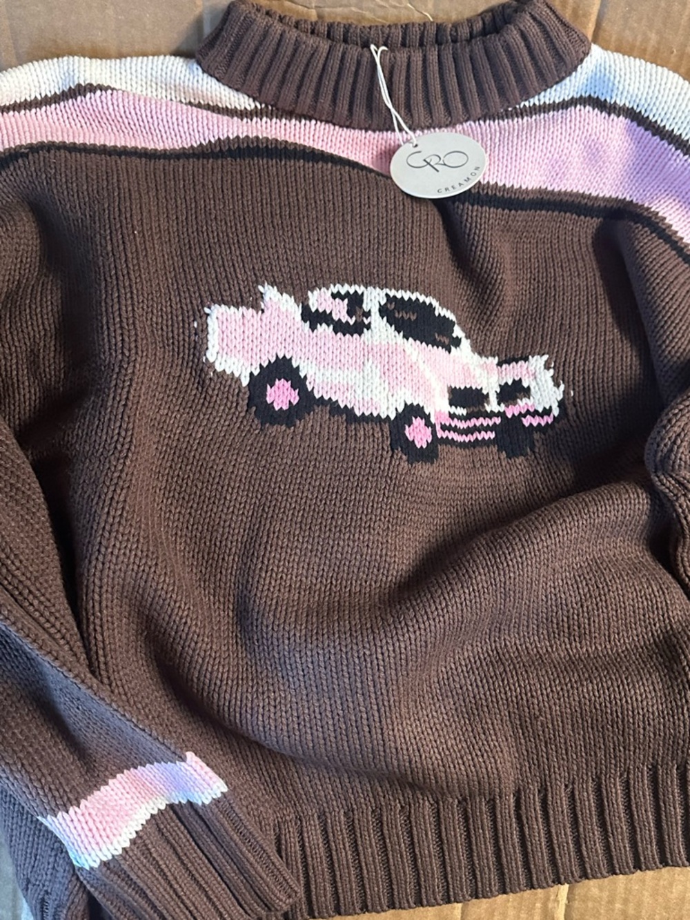 Brown and Pink Knit Car CreamOn Sweater